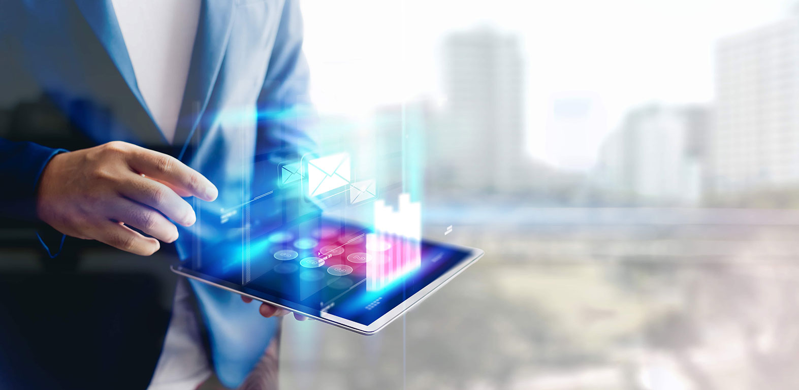 reflection businessman using tablet analyzing data economic growth graph chart copy space concept tablet with hologram min 2