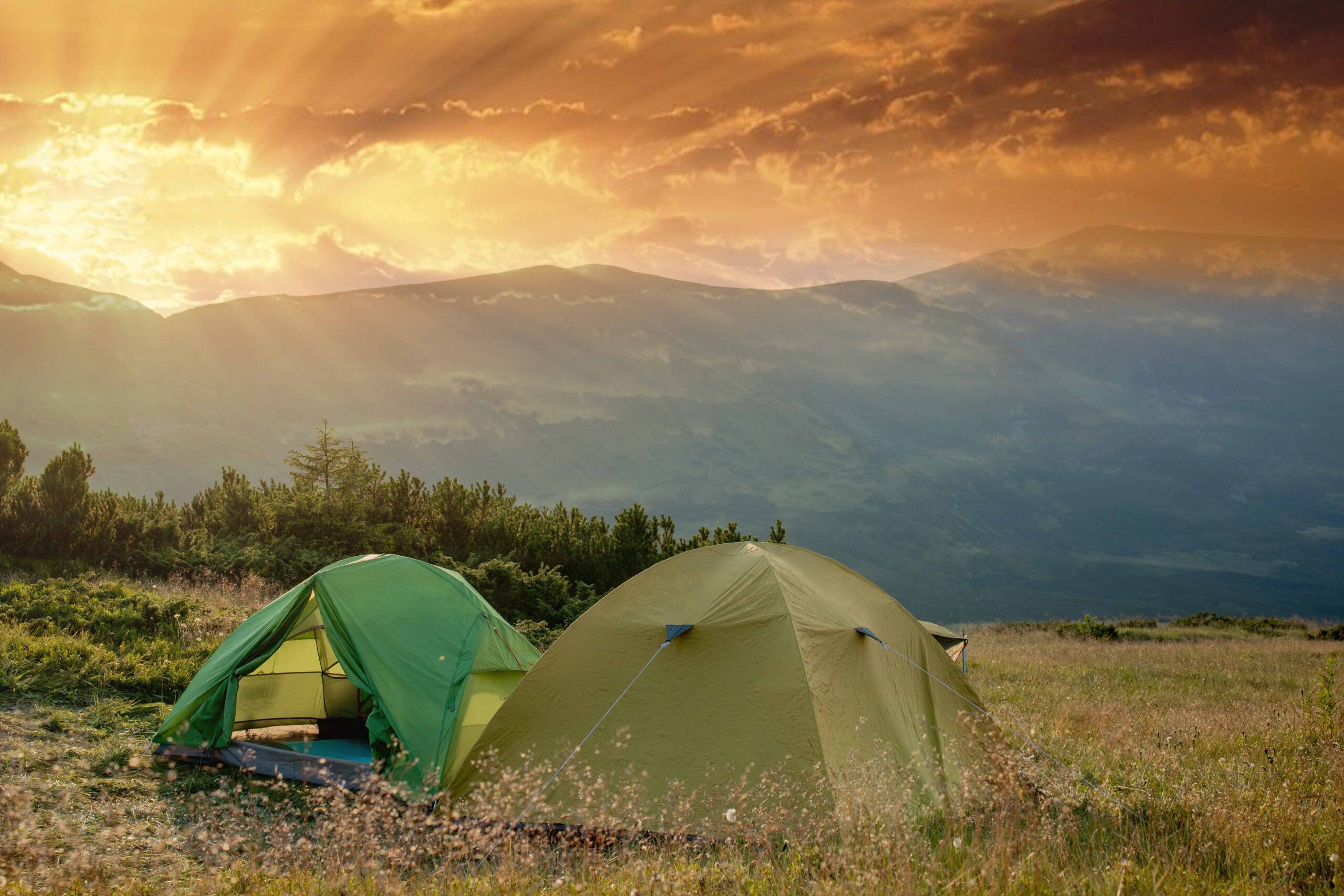 view tourist tent mountains sunrise sunset camping background adventure travel active lifestyle freedom concept summer vacation scaled