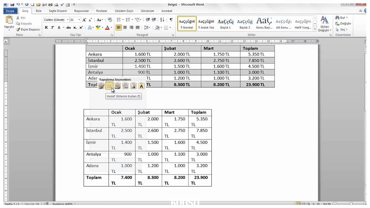 World Belgesine Excel Tablosu Ekleme Nasıl Yapılır?